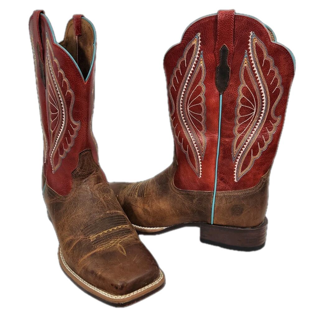 Ariat Brown Leather Foot & Red Shaft Embroidered Cowboy Boots